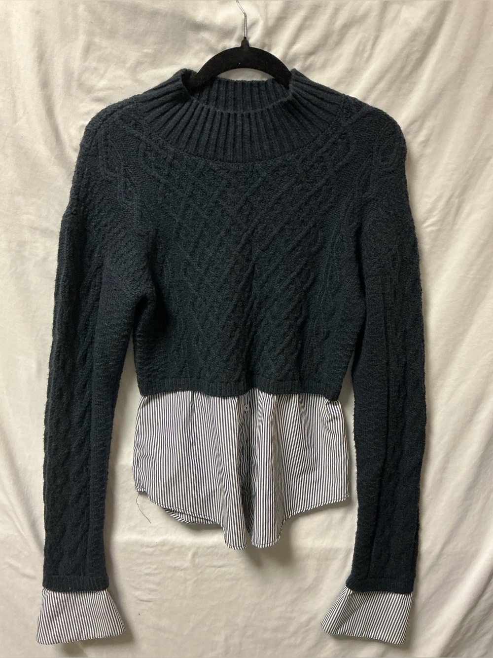Anthropologie Dark Charcoal Cropped Cable Mock-Neck Sweater with Shirttail Hem